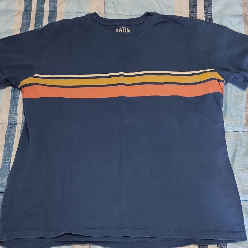 Katin Men's Blue T-Shirt with Striped Design Large